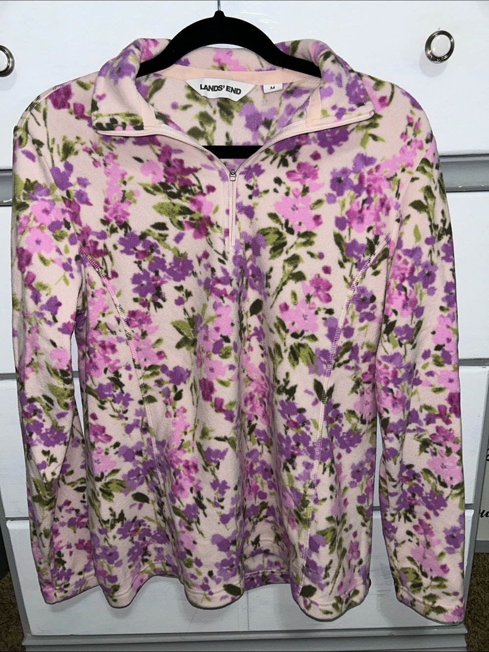 Lands' End Women’s Casual Pink Floral Quarter-Zip Fleece Pullover